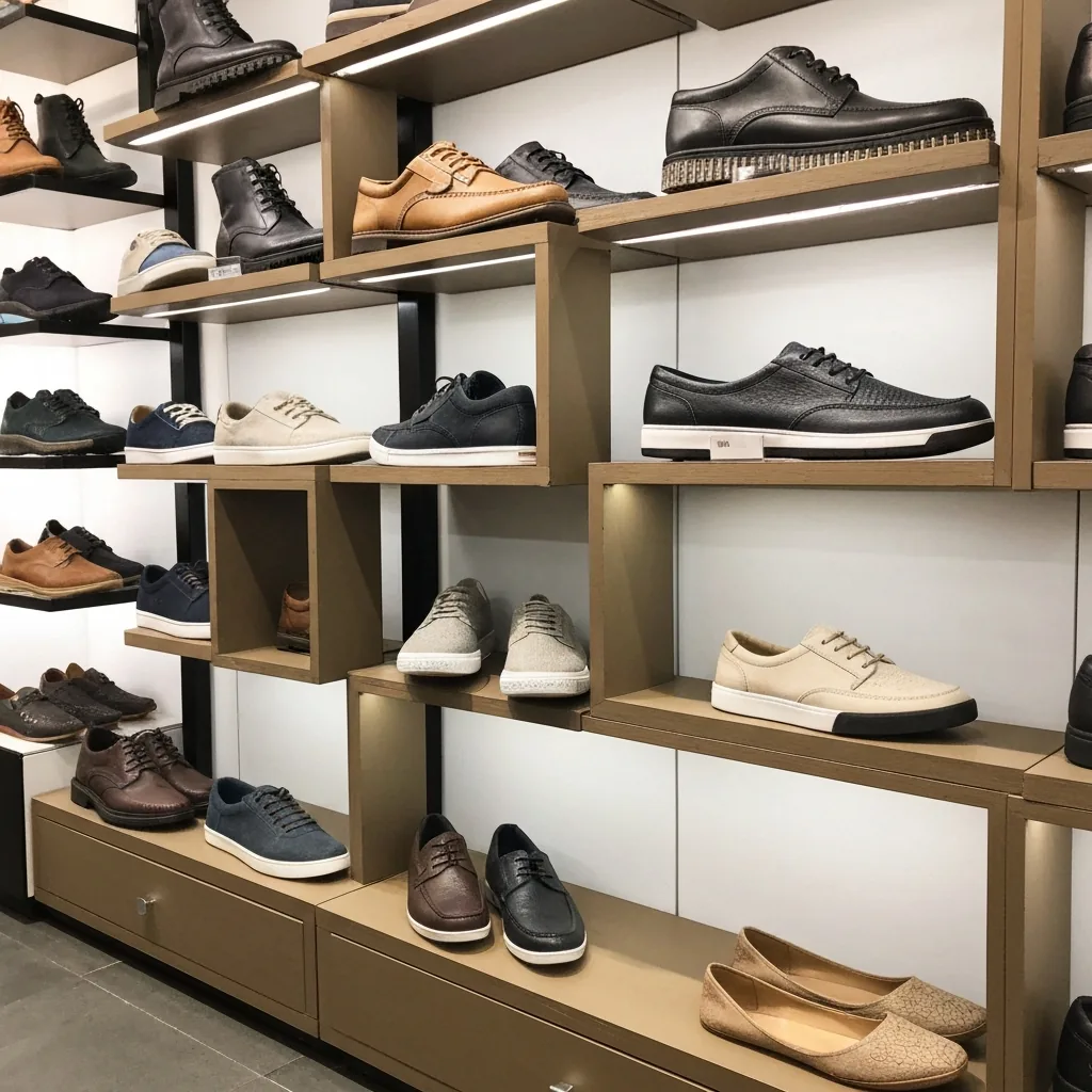 stylish shoe store display with men's formal shoes,